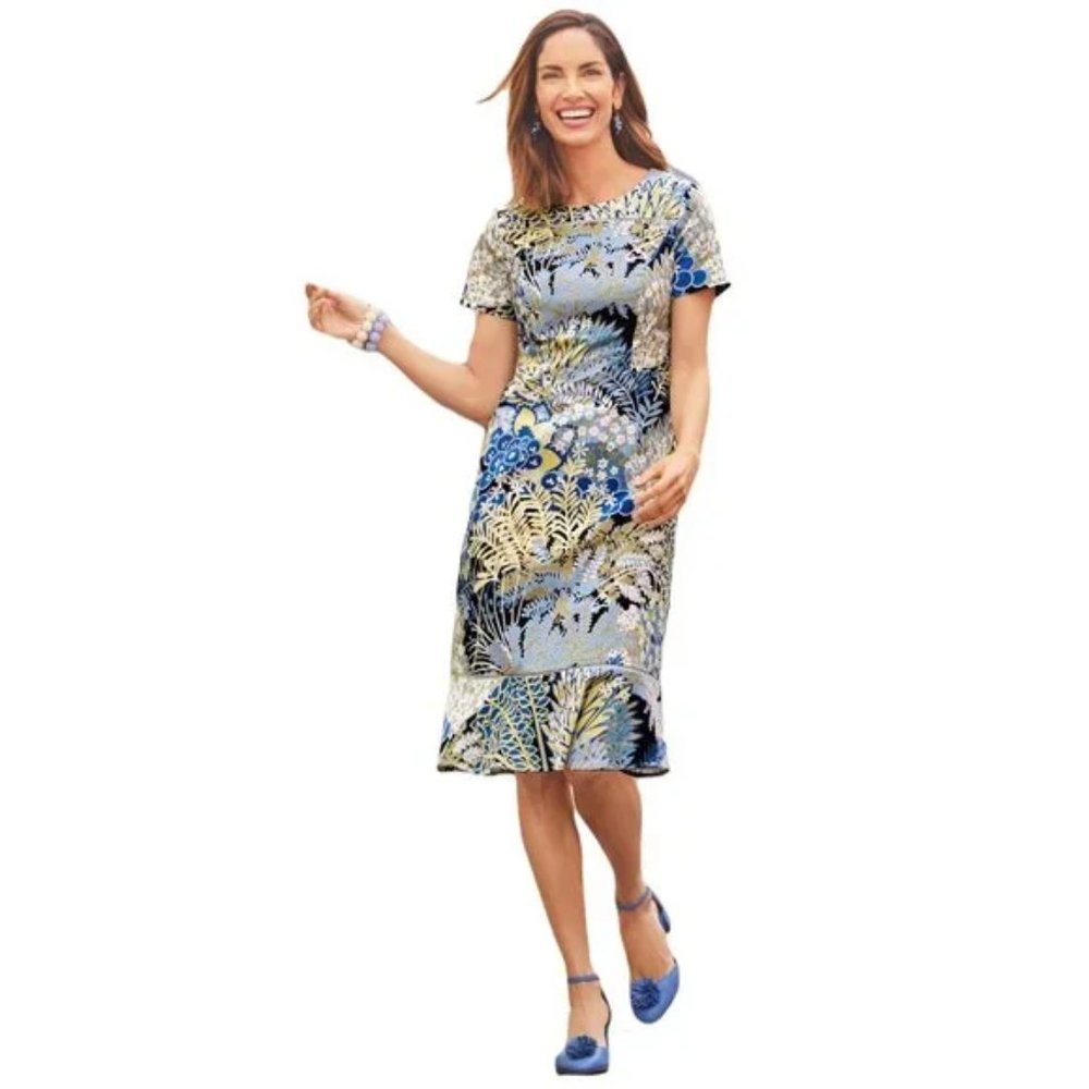 Talbots Blue Yellow Floral Stretch Cotton Ladder Lace Trim Dress